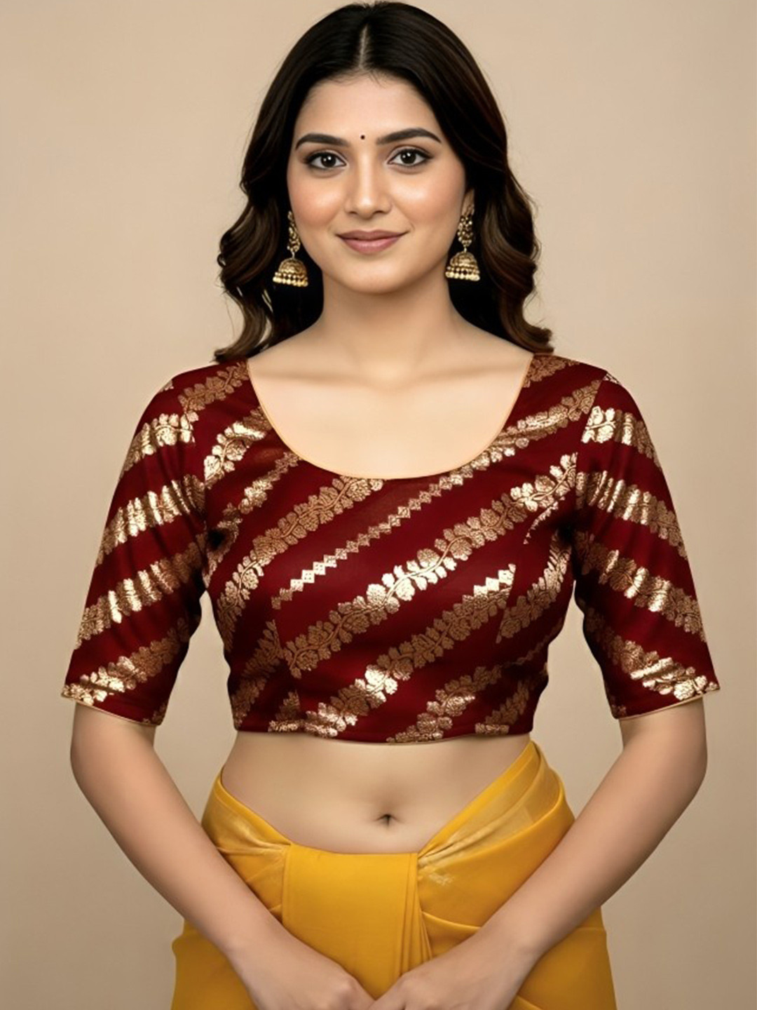 RAGHUVEER CREATION Maroon Banarasi Silk Chanderi Cotton, Back Dori & Half Sleeve Blouse