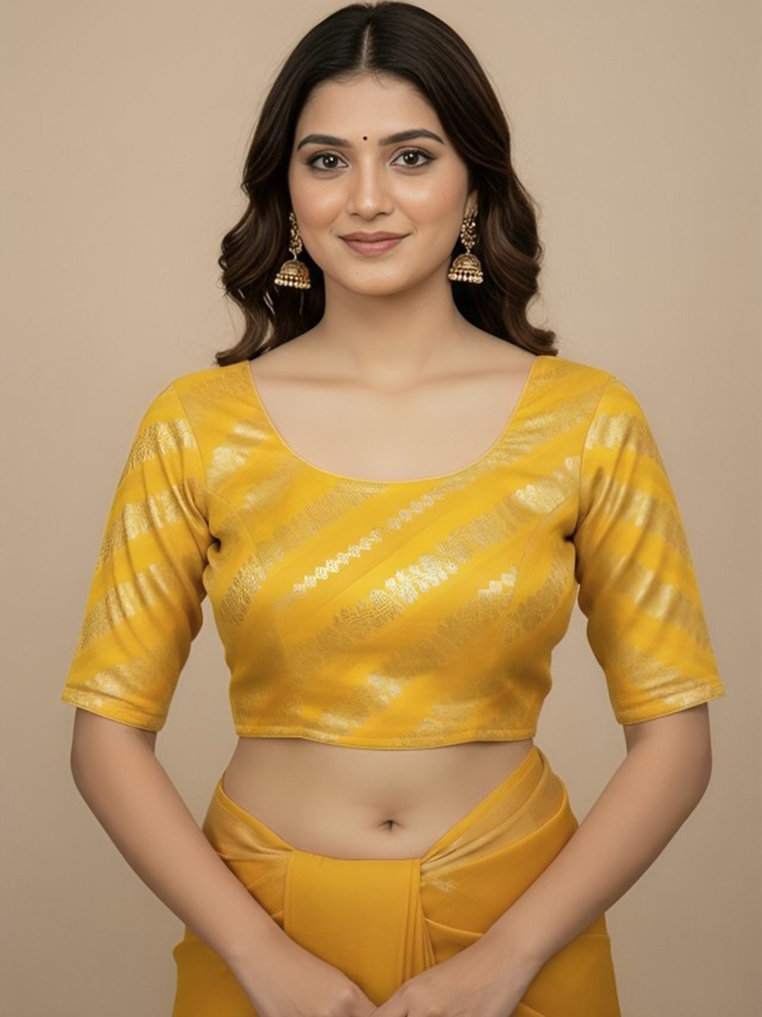 RAGHUVEER CREATION Yellow Banarasi Silk Chanderi Cotton, Back Dori & Half Sleeve Blouse