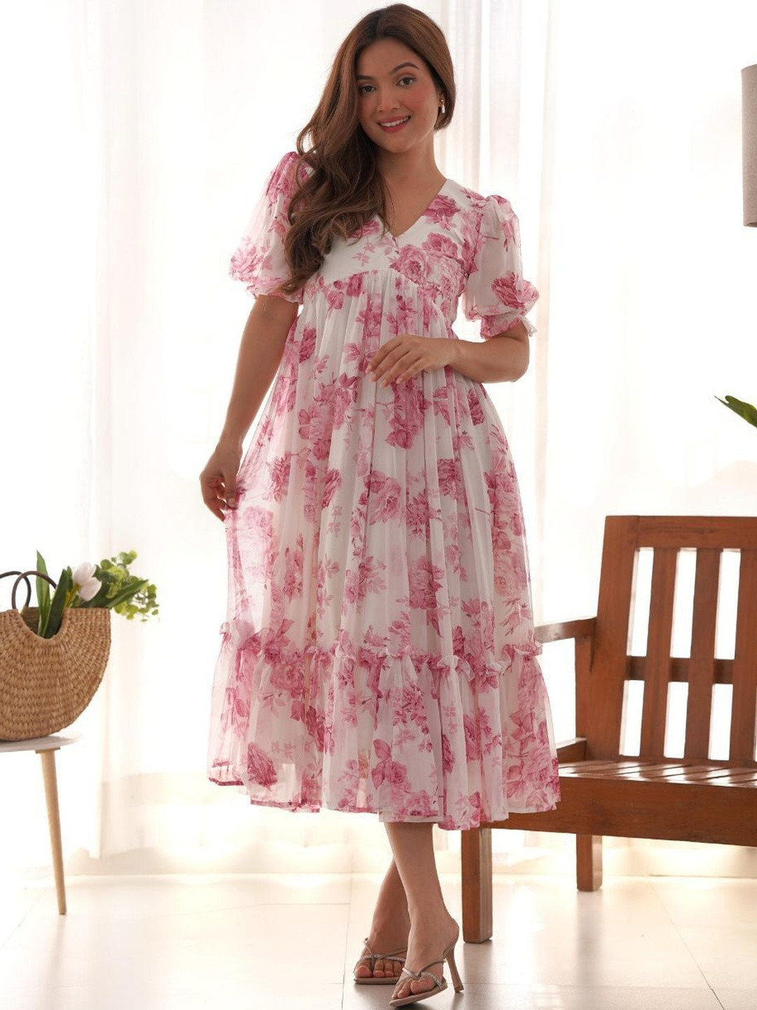 WOCLO ENTERPRISE Floral Print Puff Sleeve Ruffled Georgette Fit & Flare Midi Dress
