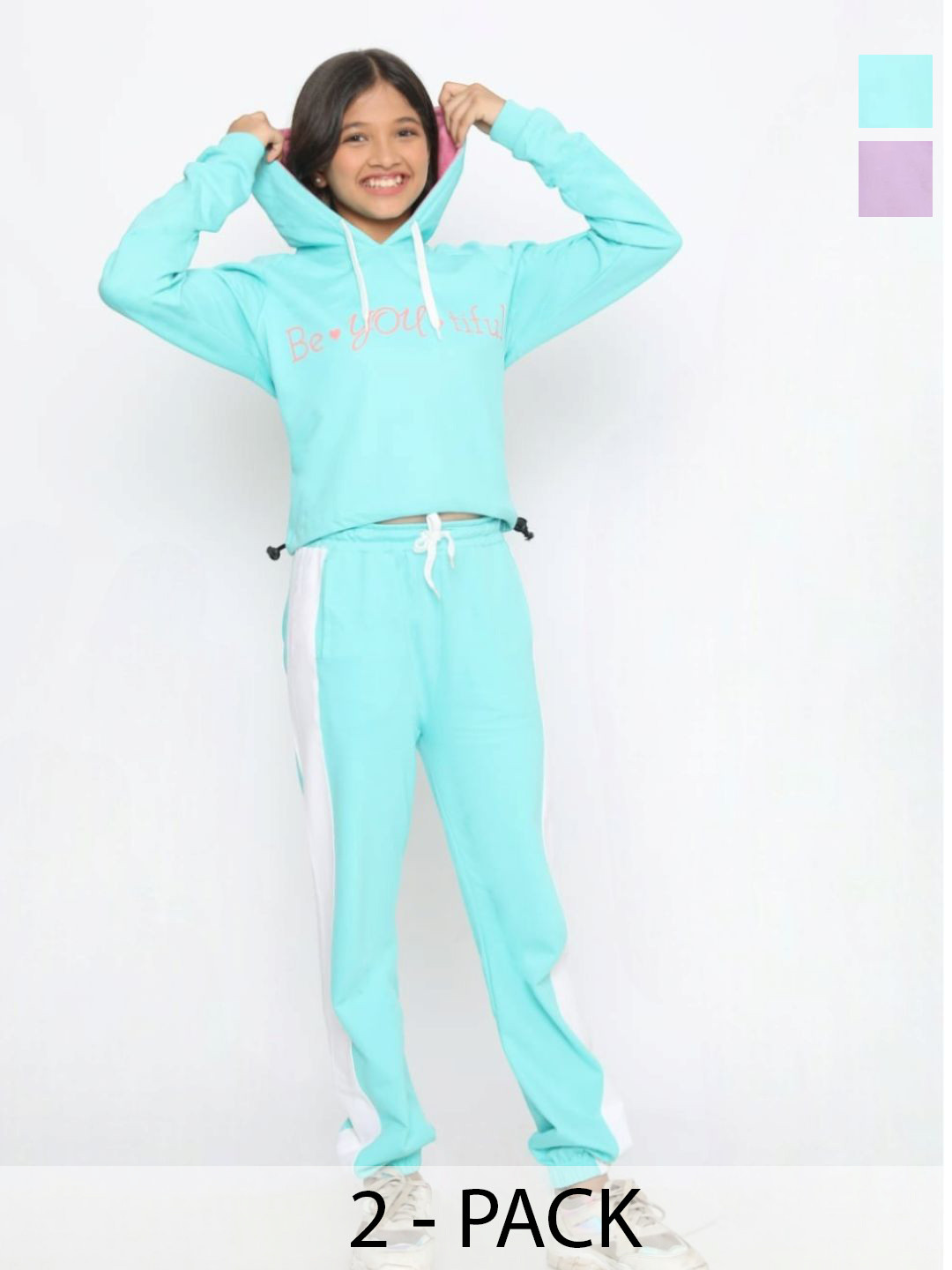 TotzTouch Girls Set Of 2 Purple & Blue Pure Cotton Printed Hoodie Set