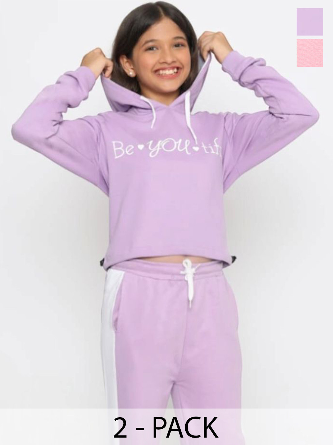 TotzTouch Girls Pack Of 2 Blue & Pink Printed Hooded Sweatshirt and Joggers Clothing Set