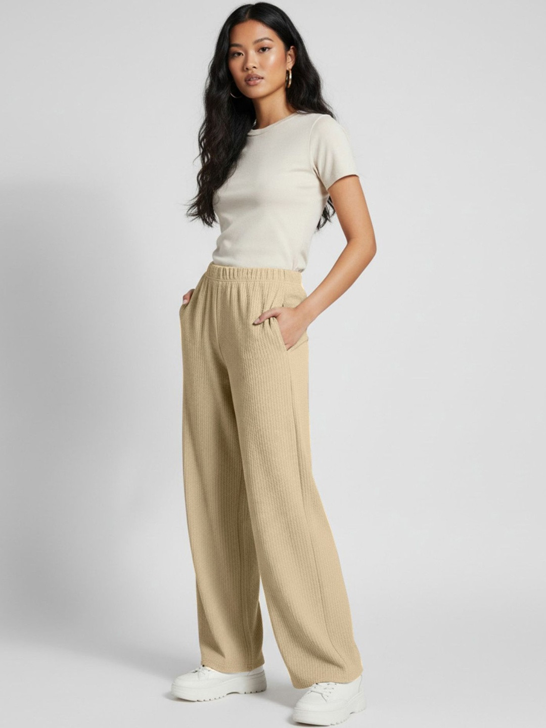 glitchez Women Textured Relaxed Straight Leg Trousers
