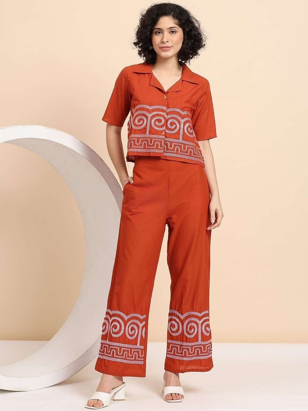 TROPWEAR Embroidered Shirt Collar Neck Shirt & Palazzos Co-Ords