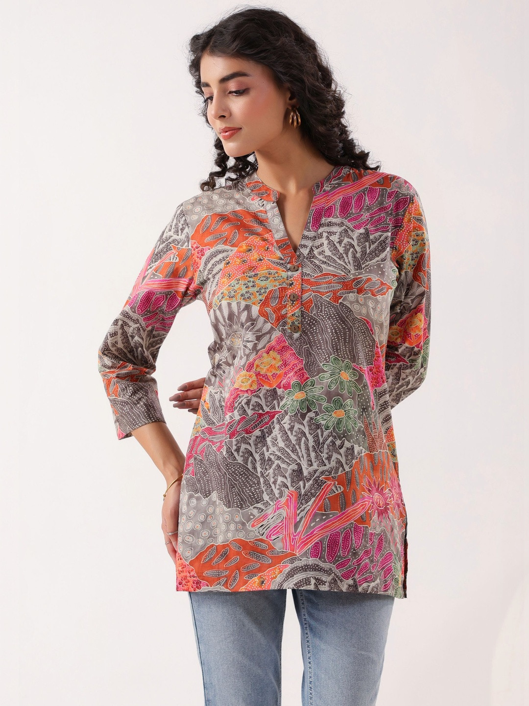 JISORA Multicoloured Floral Mandarin Collar Roll-Up Sleeves Top