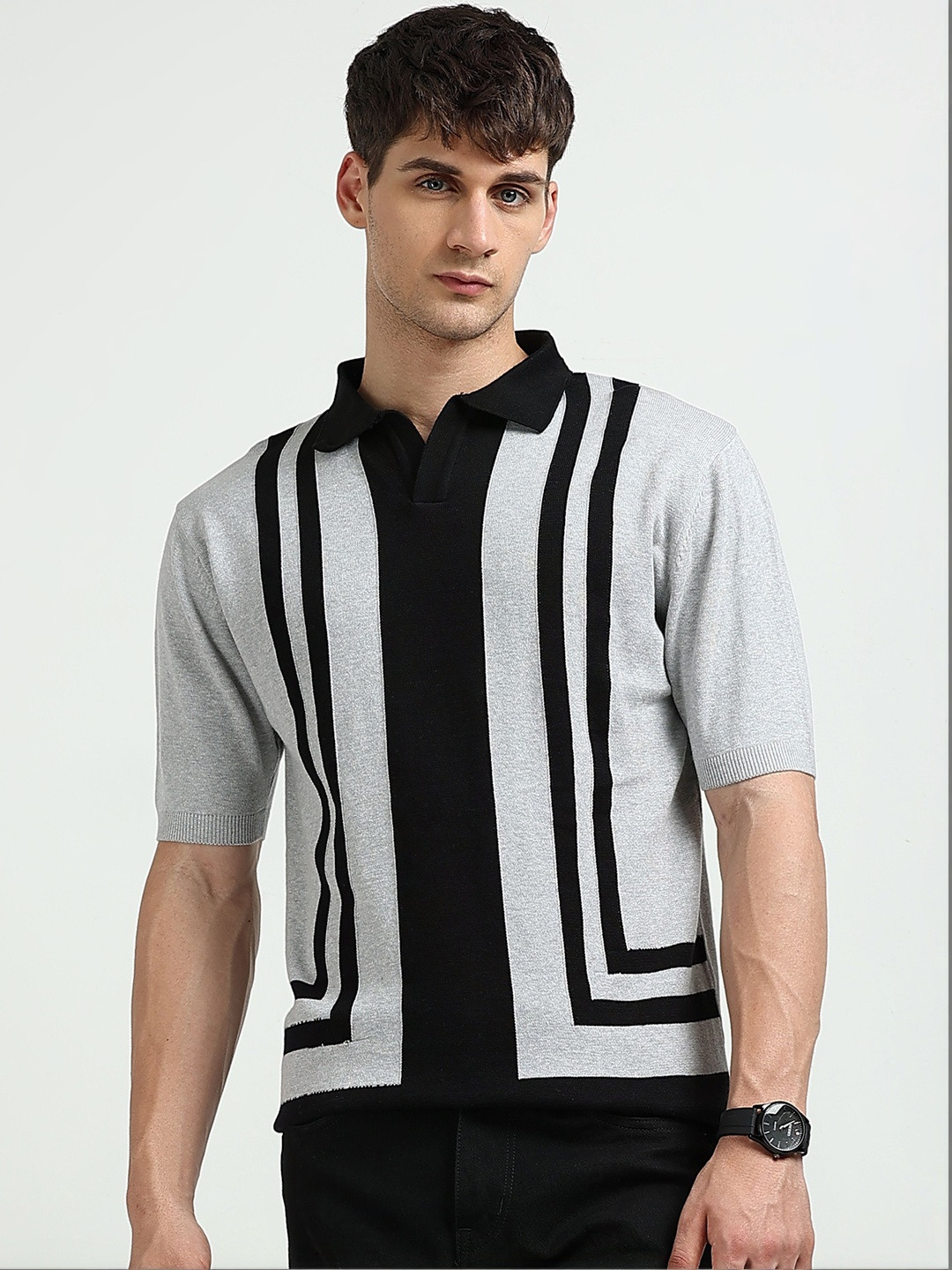 THE BEETEL HOUSE Men Striped Polo Collar Pure Cotton T-shirt