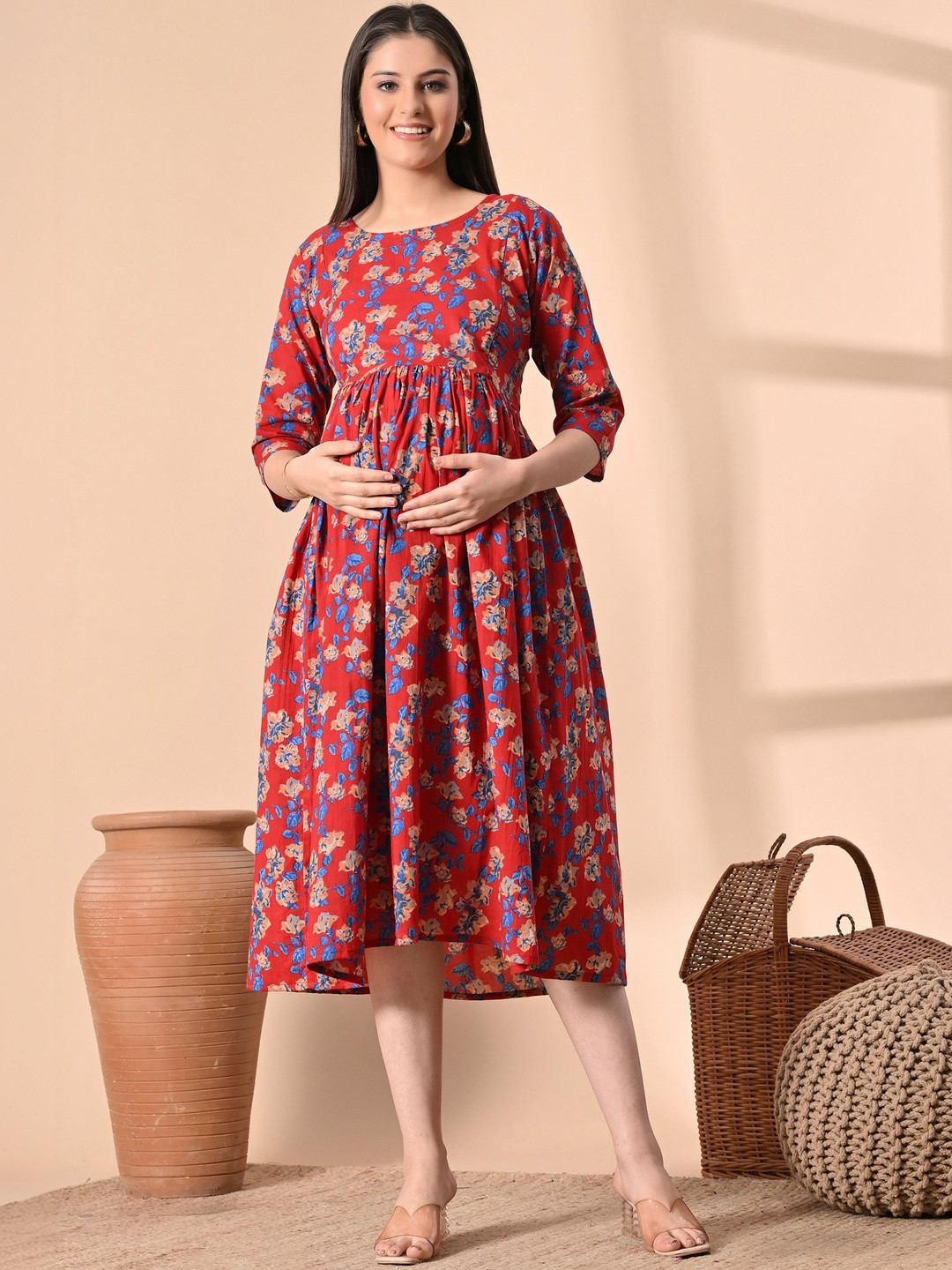 SILAKIVA Floral Print Maternity Fit & Flare Midi Dress