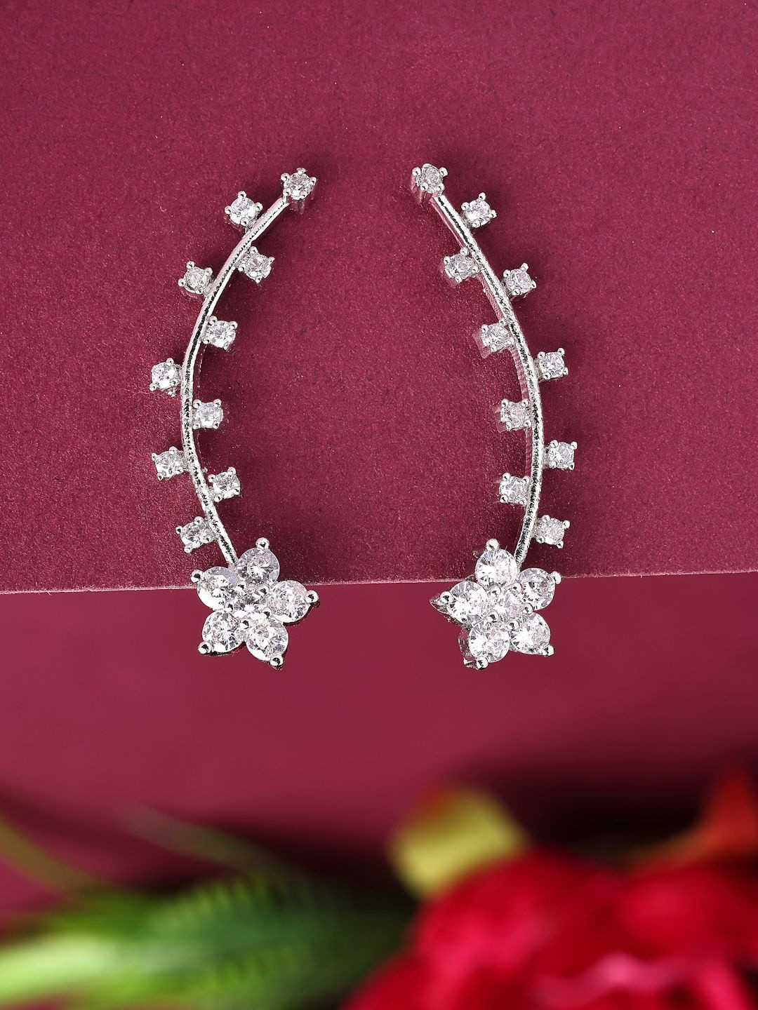 ZENEME Rhodium Plated Floral Shaped American Diamond Studded Ear Cuff