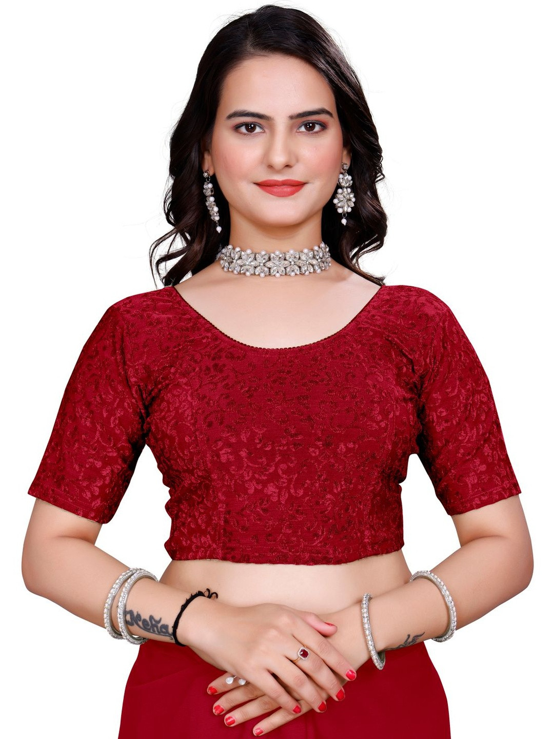 KIPZY Embroidered Round Neck Saree Blouse