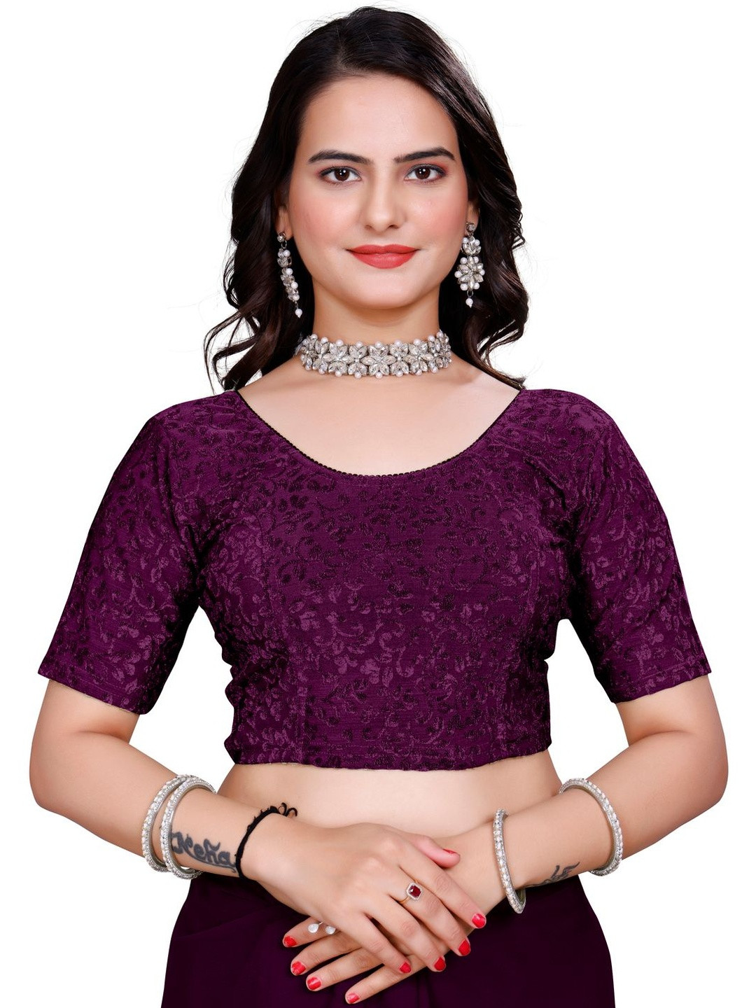KIPZY Embroidered Round Neck Saree Blouse
