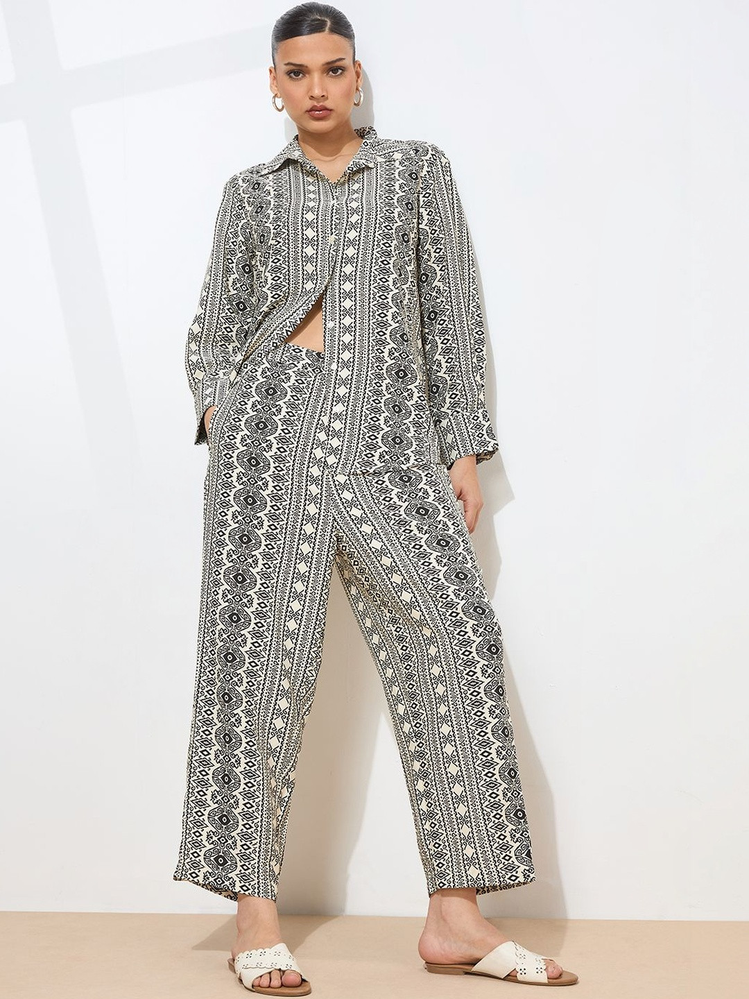 KAMLIE Printed Shirt Collar Shirt & Trousers Co-Ords Set