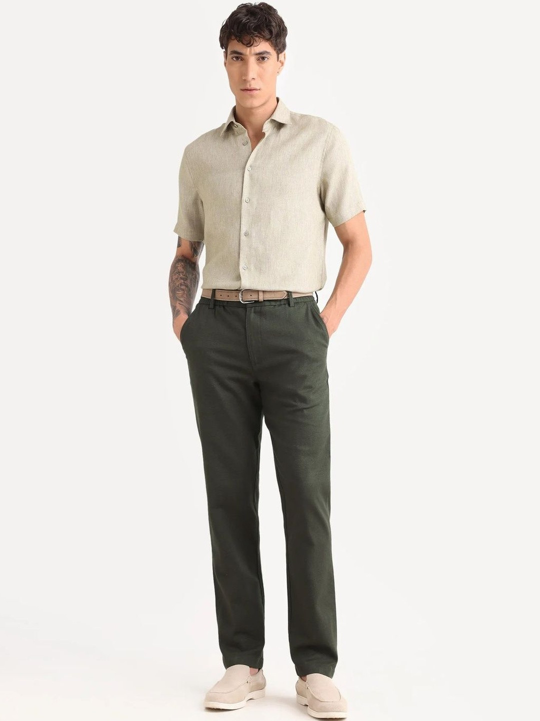 RARE RABBIT Men Green Regular Fit Plain Trouser