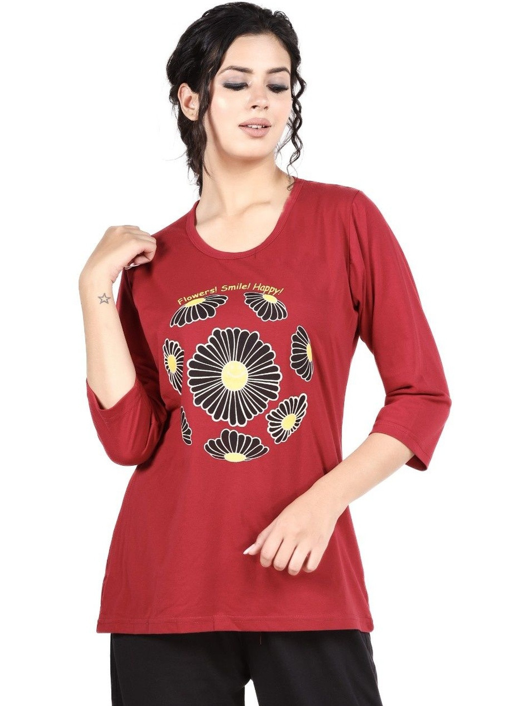 E-MAX Women Printed Round Neck Lounge T-Shirt