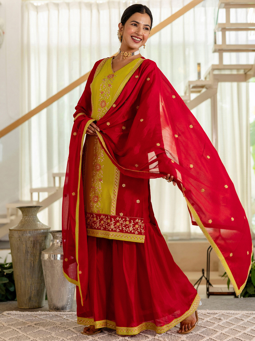 Sangria Embroidered V-Neck Kurta & Trousers With Dupatta