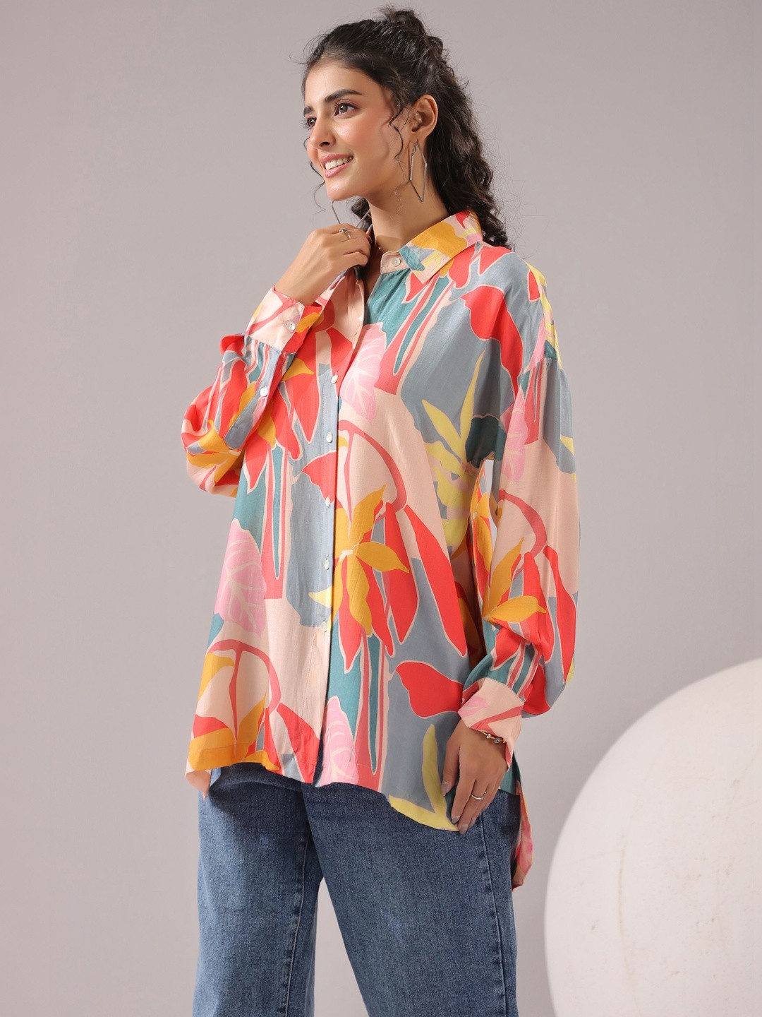 JISORA Multicoloured Muslin Abstract Pure Silk Shirt Collar Cuffed Sleeves Top