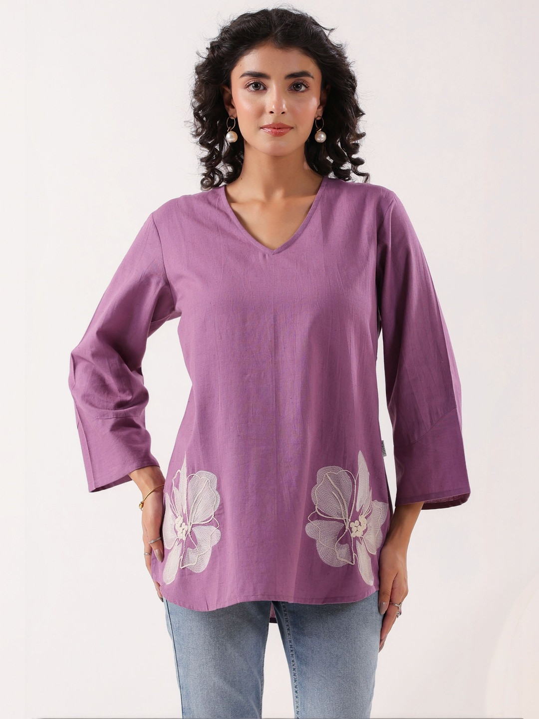JISORA Embroidery Flex Embroidered V-Neck Flared Sleeves Top
