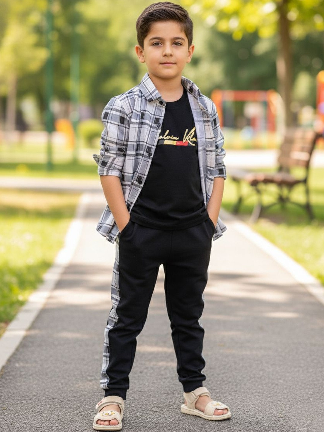 QMQ Boys Checked T-shirt and Shirt