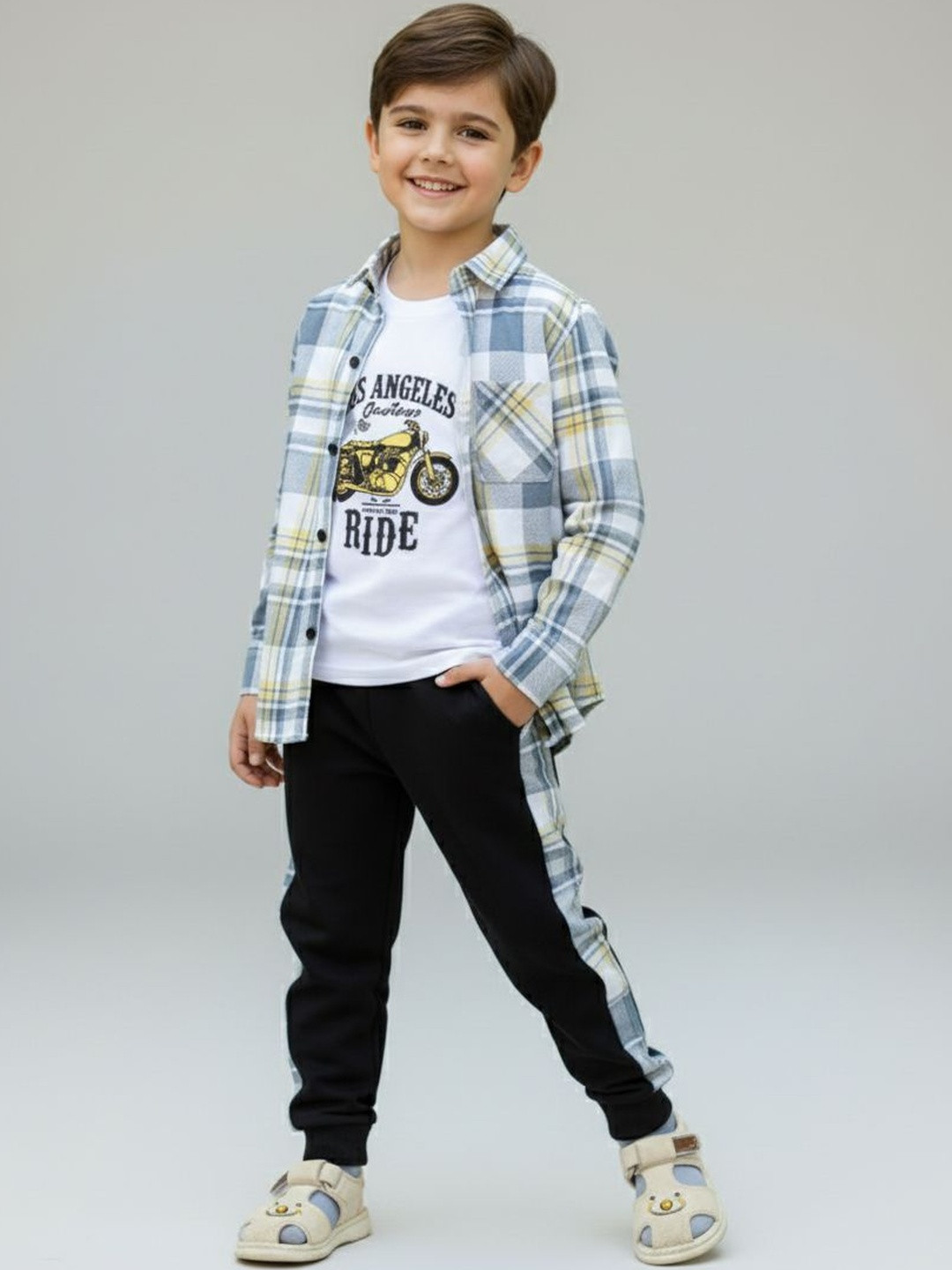 QMQ Boy's Checked T-shirt and Shirt Clothing Set