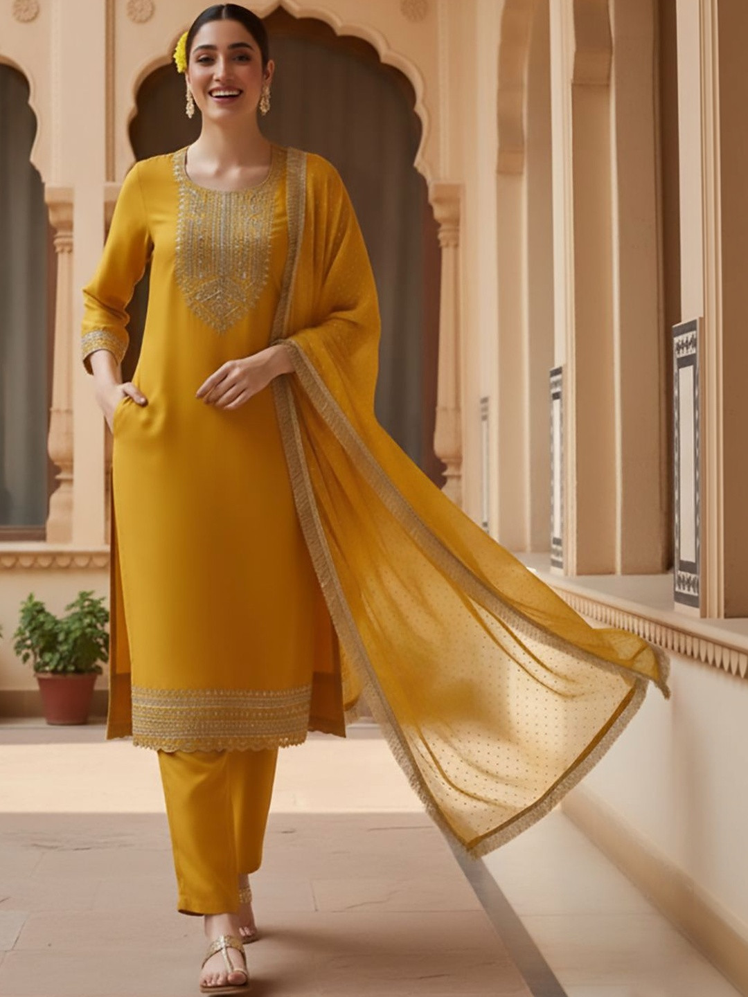 House of Pataudi Embroidered Round Neck Kurta & Trousers with Dupatta Set