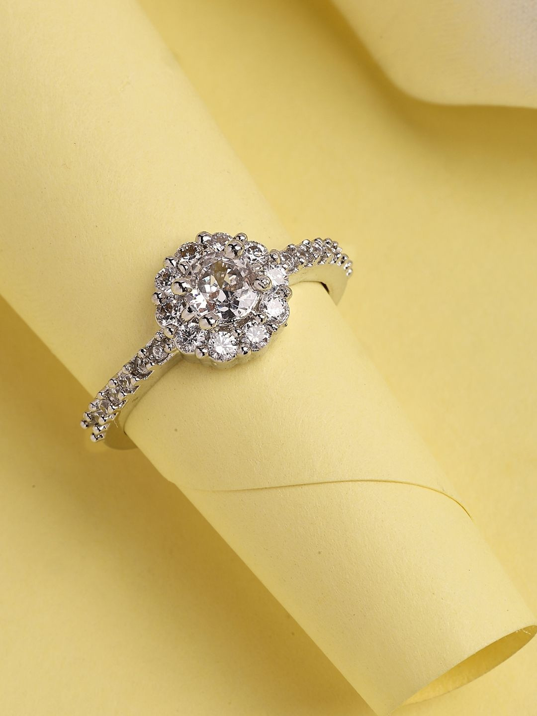 ZENEME Rhodium-Plated American Diamond Stone-Studded Adjustable Finger Ring