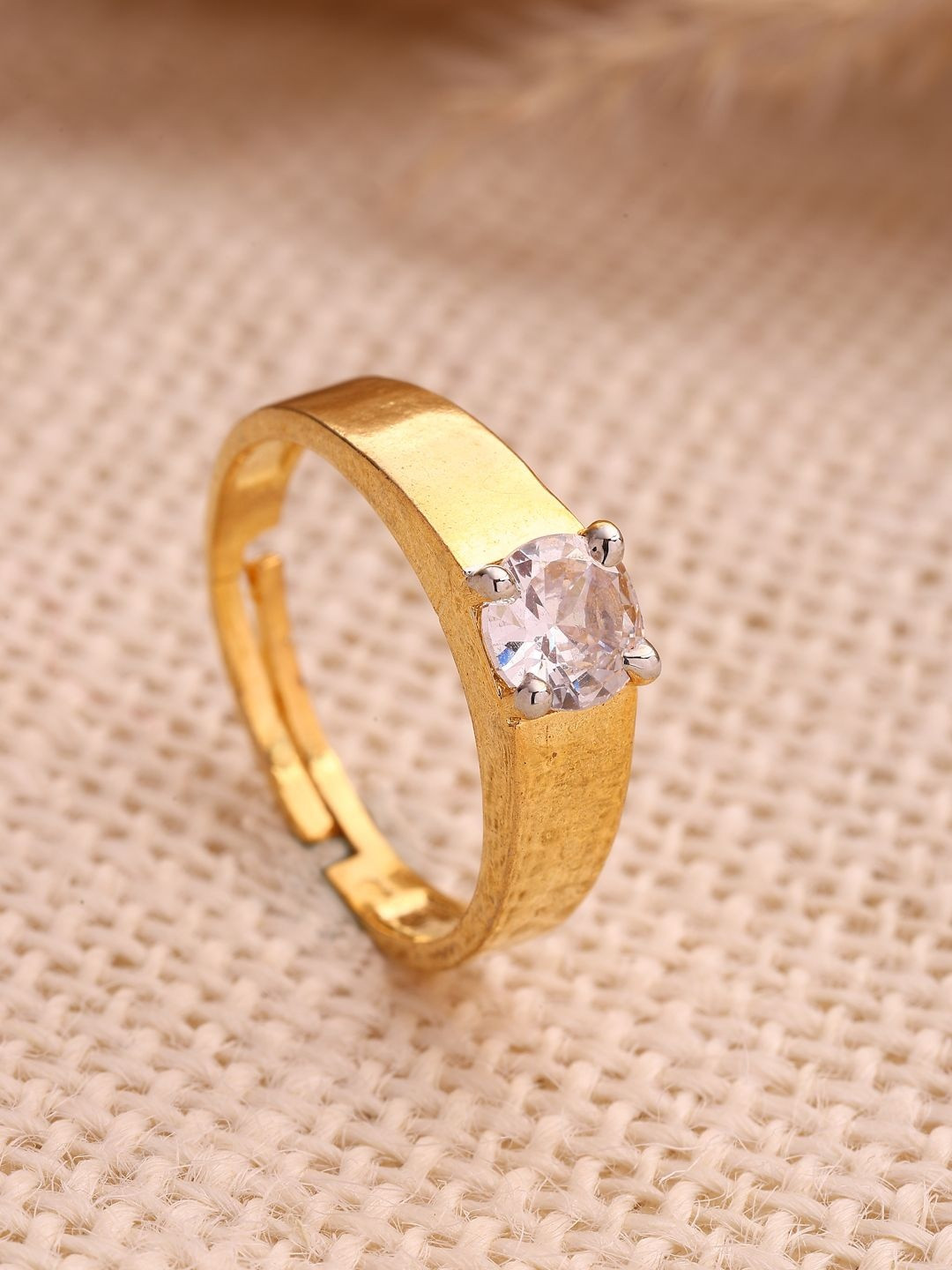 ZENEME Gold-Plated American Diamond Stone-Studded Adjustable Finger Ring