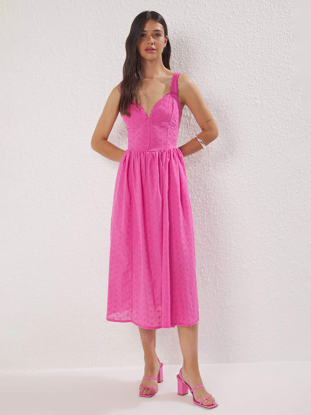 Trendyol Women Plunge Neck Shoulder Straps Fit & Flare Cotton Midi Dress