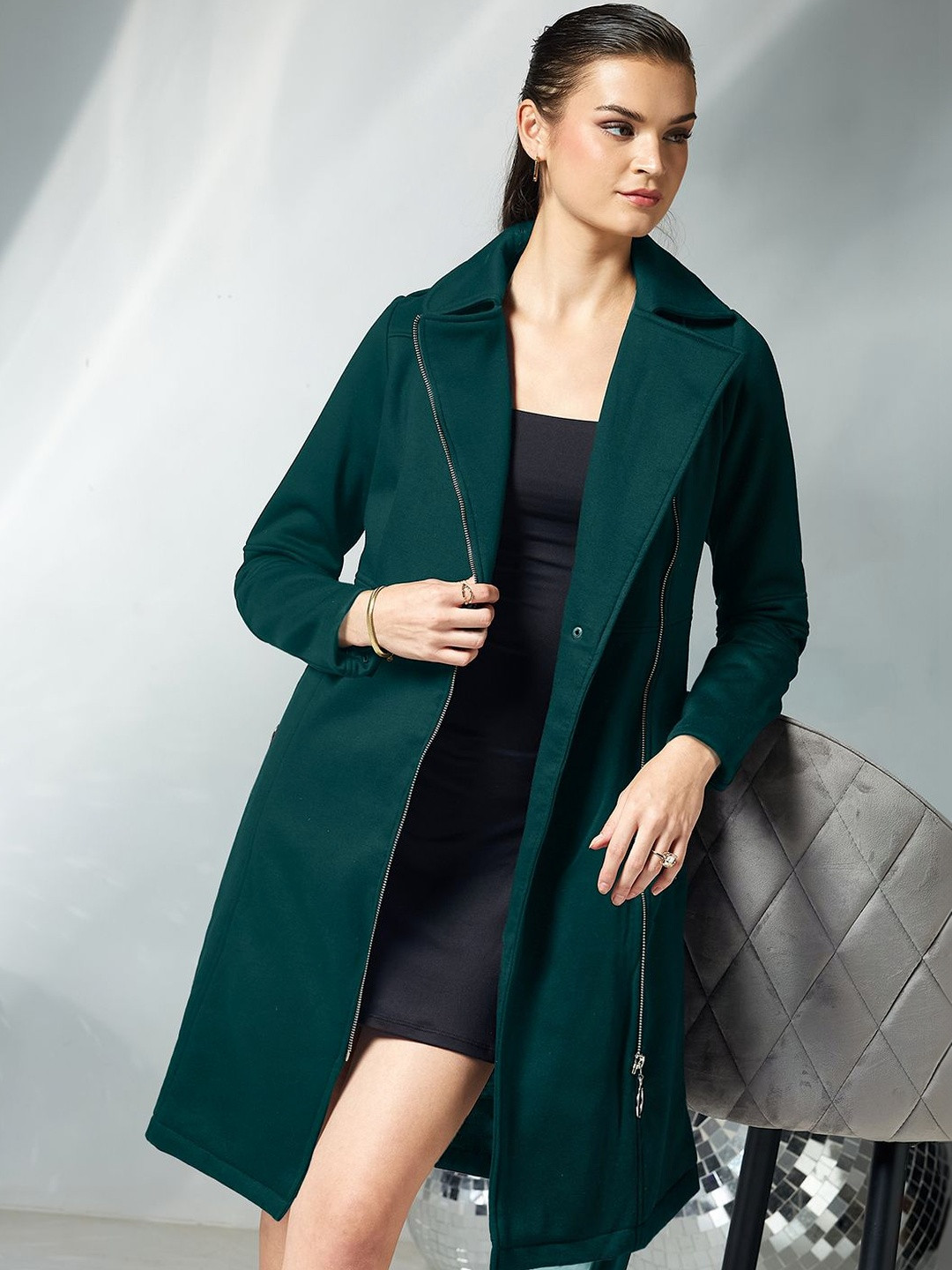 Miss Chase Women Notch Collar Panelled Full Sleeve Double Breasted Knee Length Jacket