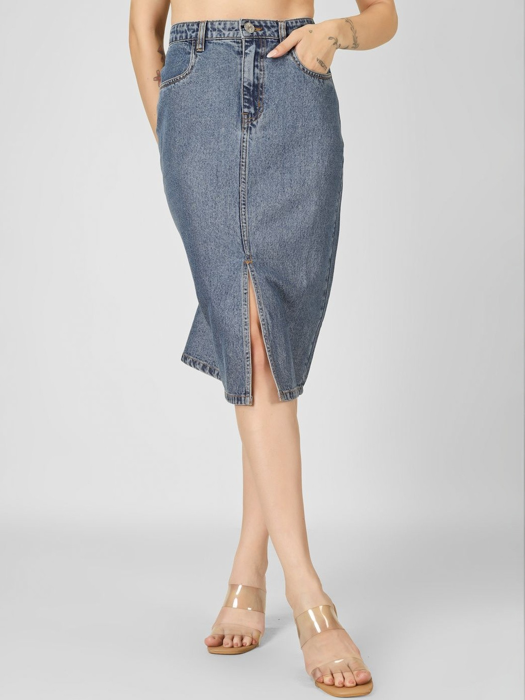 COSMIC Denim Pencil Knee Length Skirt