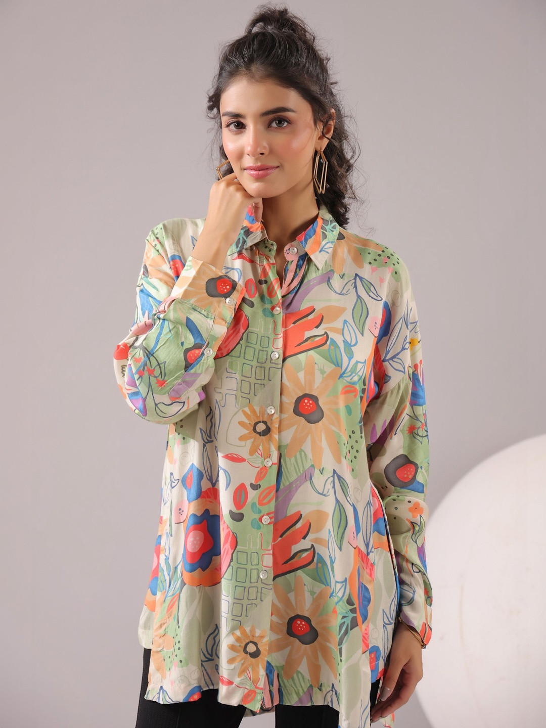 JISORA Multicoloured Floral Print Pure Silk Tunic Top
