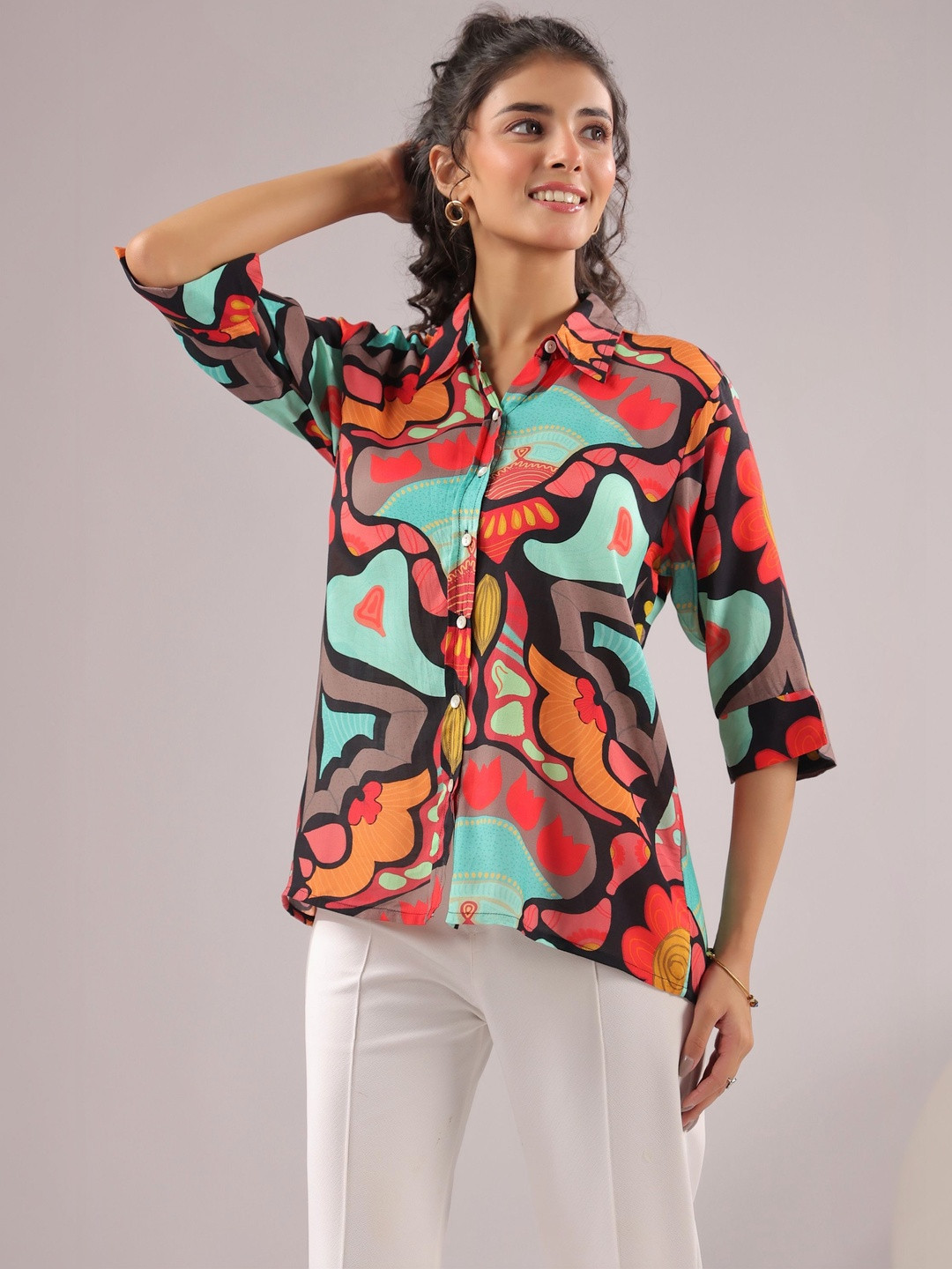 JISORA Multicoloured Muslin Floral Pure Silk Shirt Collar Top