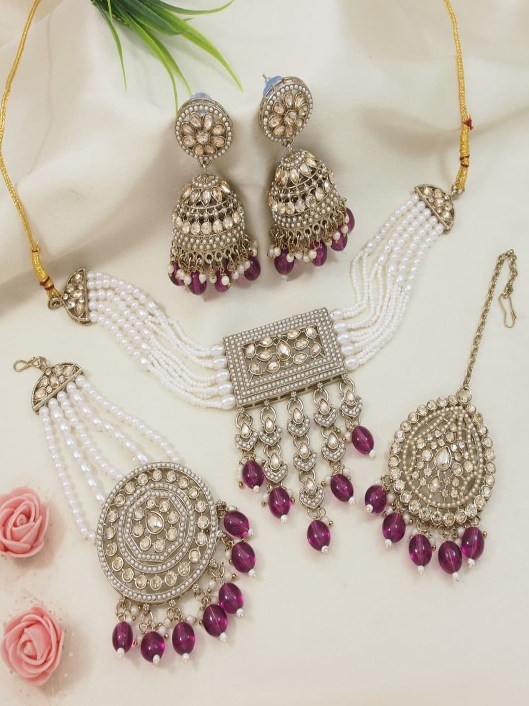 SGA FASHION Gold-Plated Kundan Stones-Studded & Beaded Jewellery Set