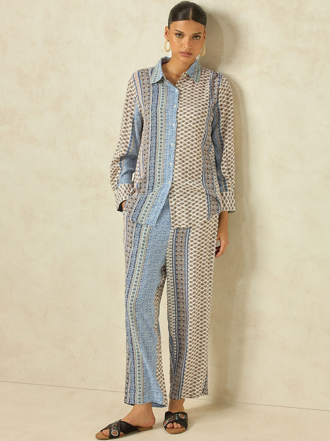 KAMLIE Boho Printed Shirt Collar Shirt & Trousers Co-Ords