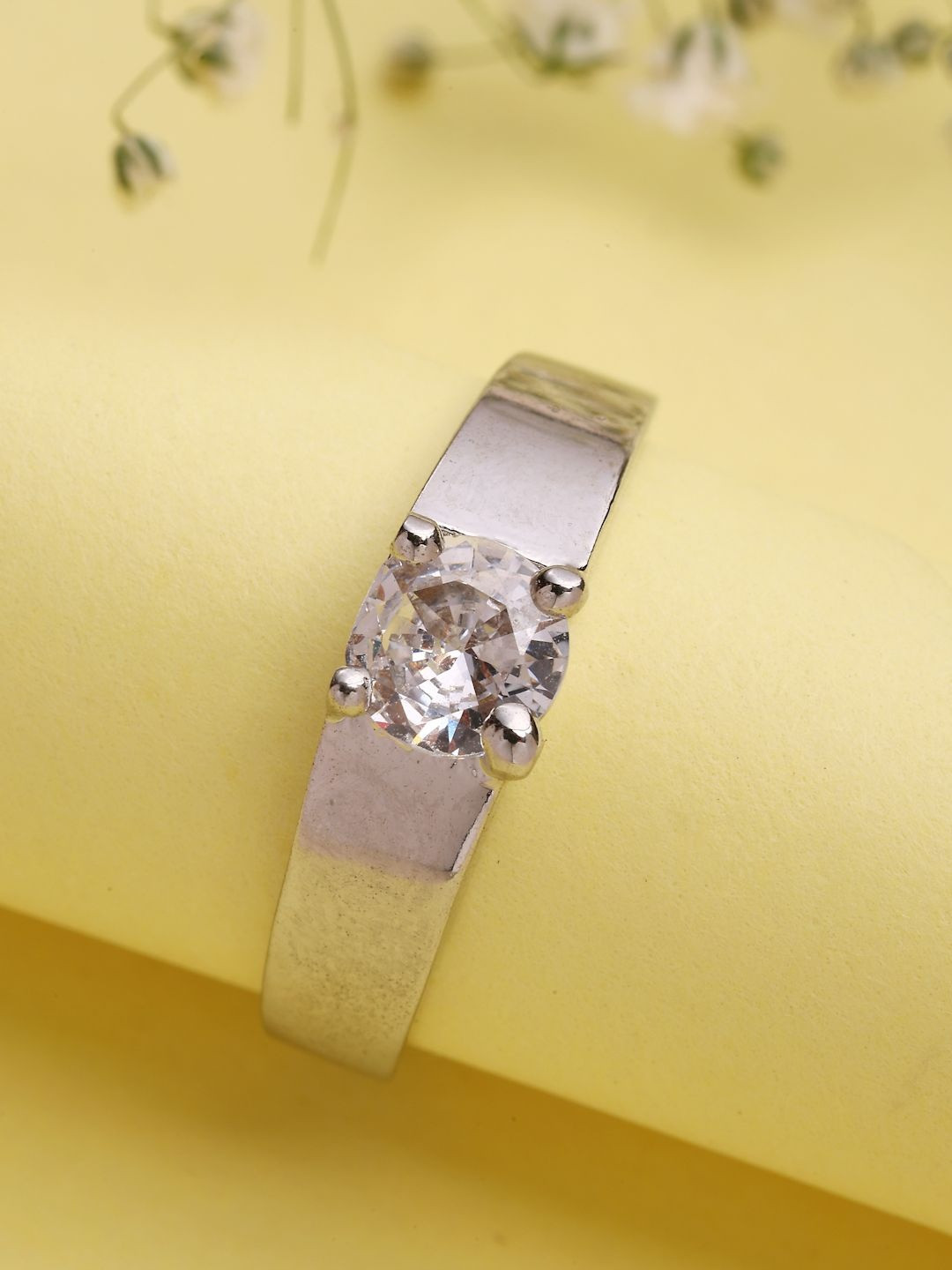 ZENEME Rhodium-Plated  American Diamond Stone-Studded Adjustable Finger Ring