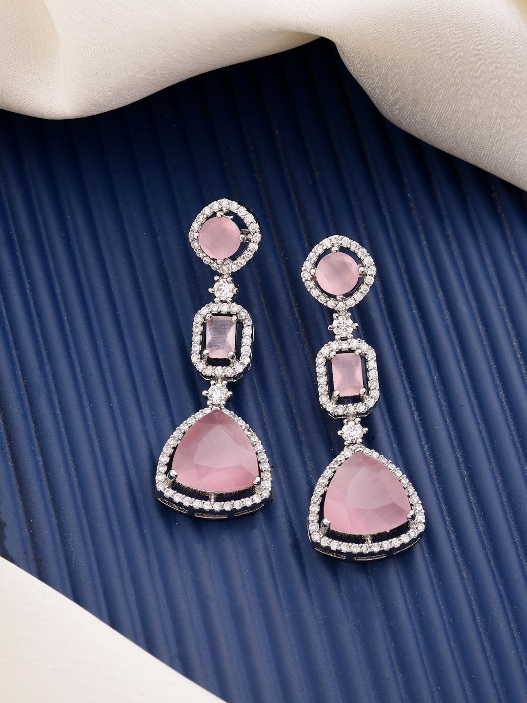 ZENEME Rhodium Plated American Diamond Studded Drop Earrings