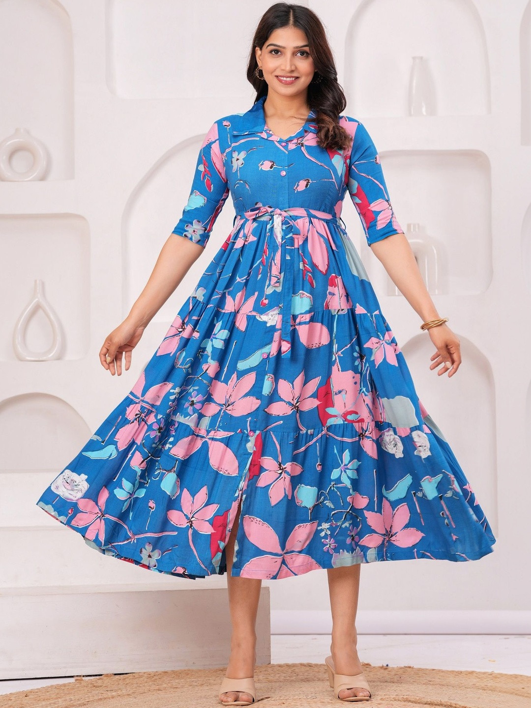Maquien Floral Print Fit & Flare Midi Dress