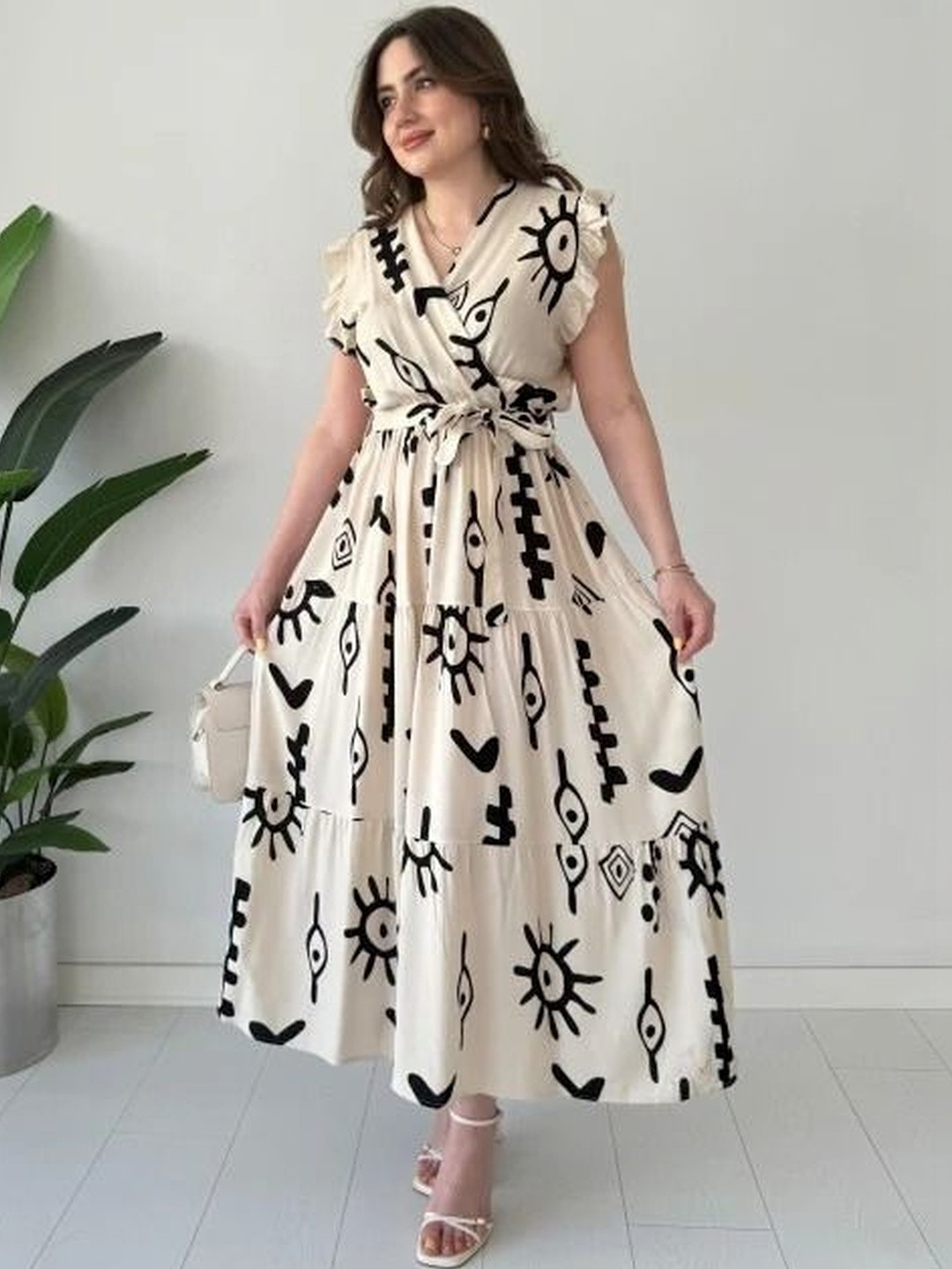 WOCLO ENTERPRISE Print Flutter Sleeve Ruffled Midi Dress