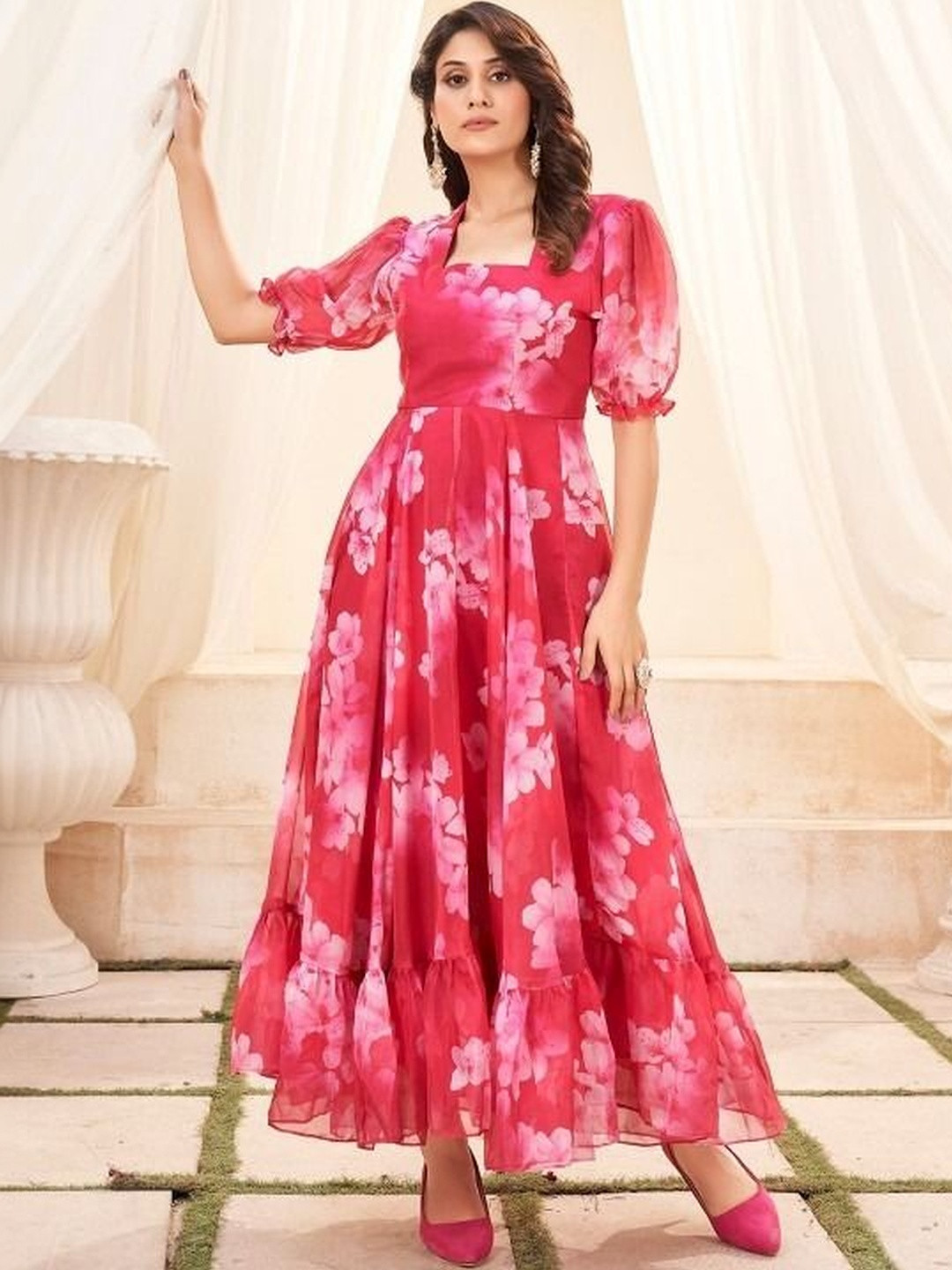 WOCLO ENTERPRISE Floral Print Puff Sleeve Ruffled Fit & Flare Midi Dress