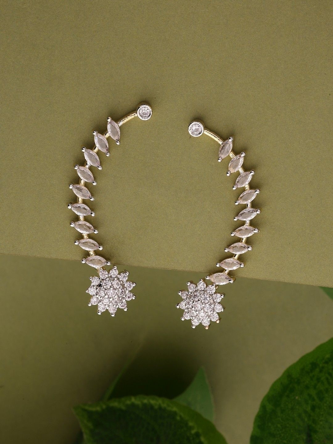 ZENEME Gold Plated American Diamond Studded Floral Shaped Ear Cuff