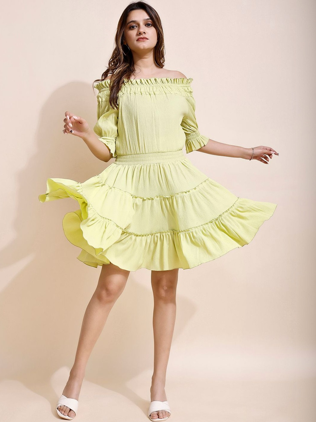 Attire Empire Puff Sleeve Crepe Fit & Flare Dress