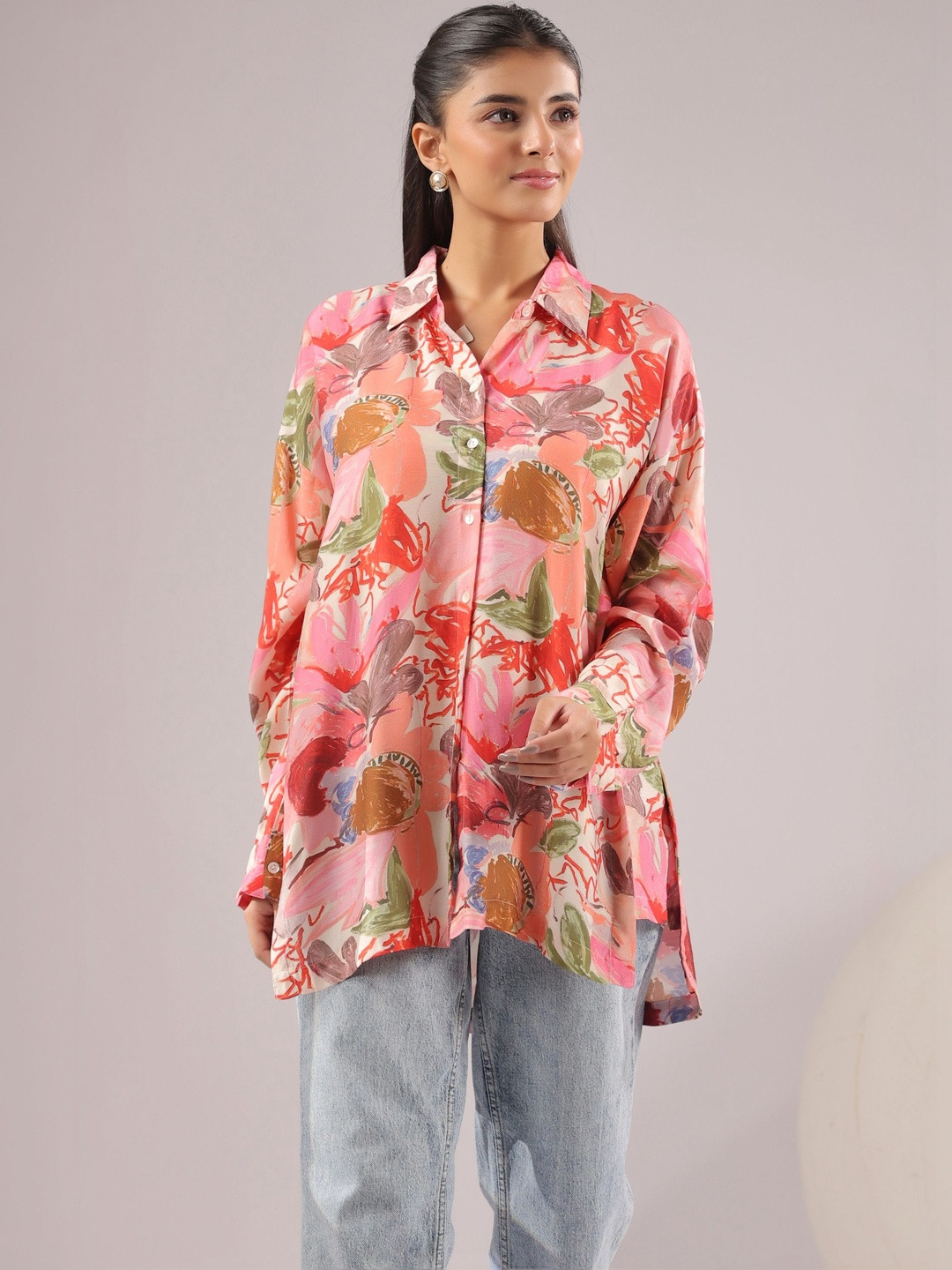 JISORA Multicoloured Muslin Floral Pure Silk Shirt Collar Cuffed Sleeves Top