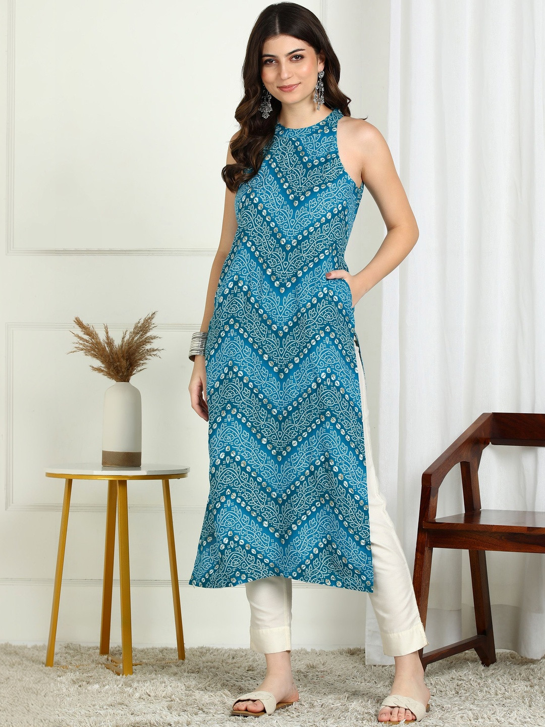 Sangria Bandhani Printed Round Neck Calf Length Straight Kurtas