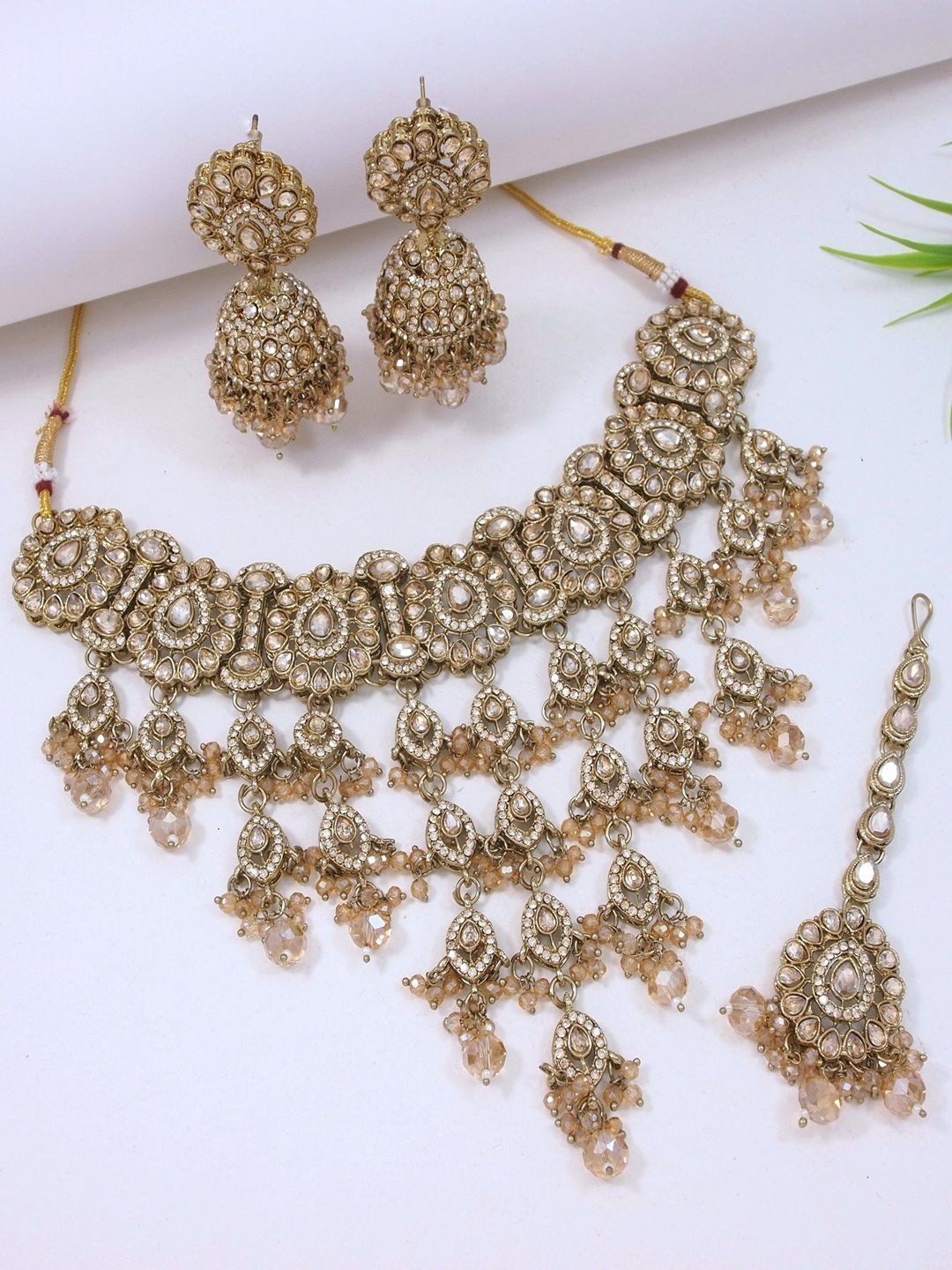 SGA FASHION Gold-Plated Kundan Stone Studded & Beaded Jewellery Set
