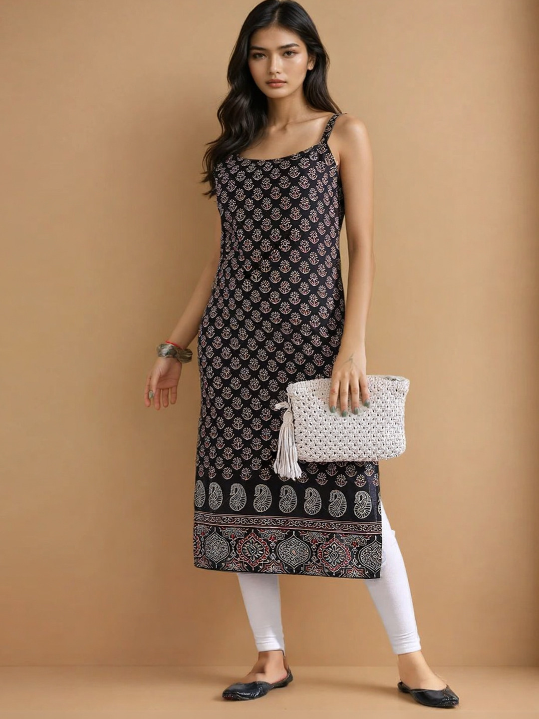 GULMEHAK Floral Printed Square Neck Sleeveless Cotton Kurta
