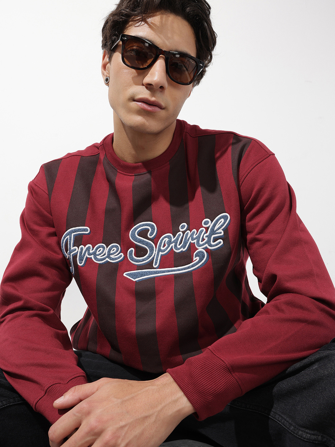 The Roadster Life Co. Relaxed Fit Striped Drop Shoulder Sleeves Tufting Detail Sweatshirt