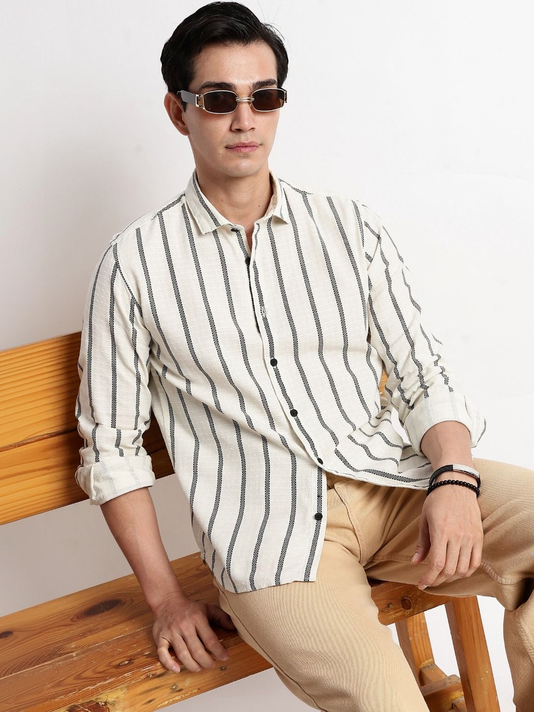Blu MNKY Men Classic Slim Fit Striped Casual Shirt