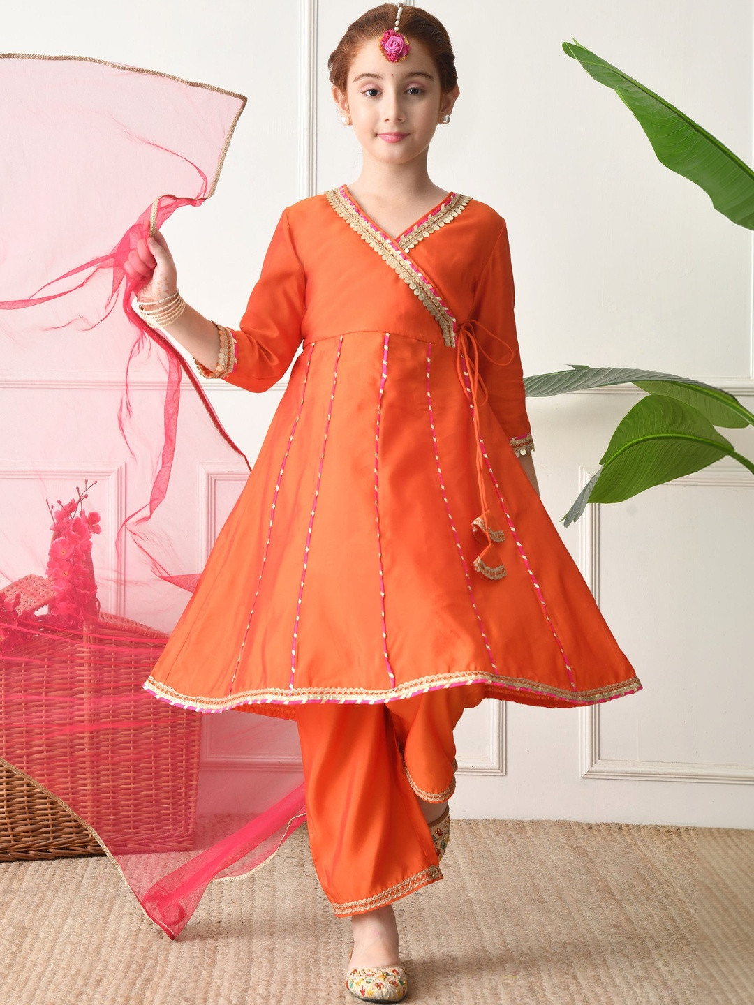 Indi-Loom Couture Girls Angrakha Gotta Patti Kurta with Patiala & With Dupatta