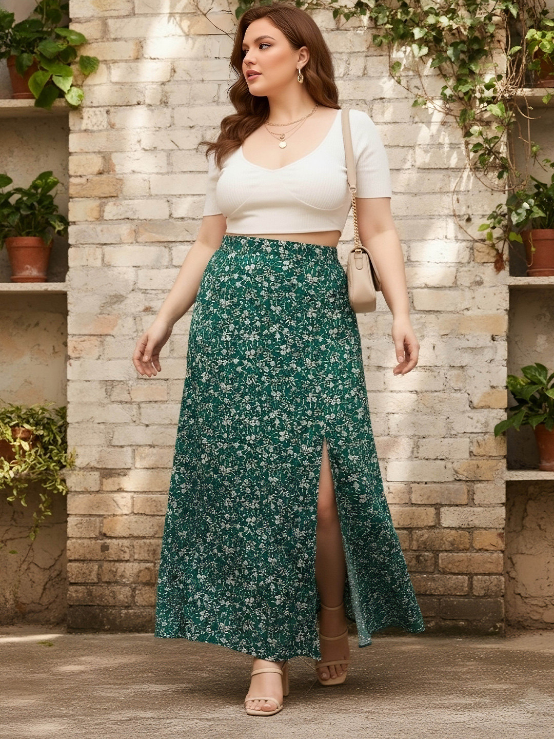 Berrylush Curve Floral Print High-Rise Side Slit Flared Maxi Skirt