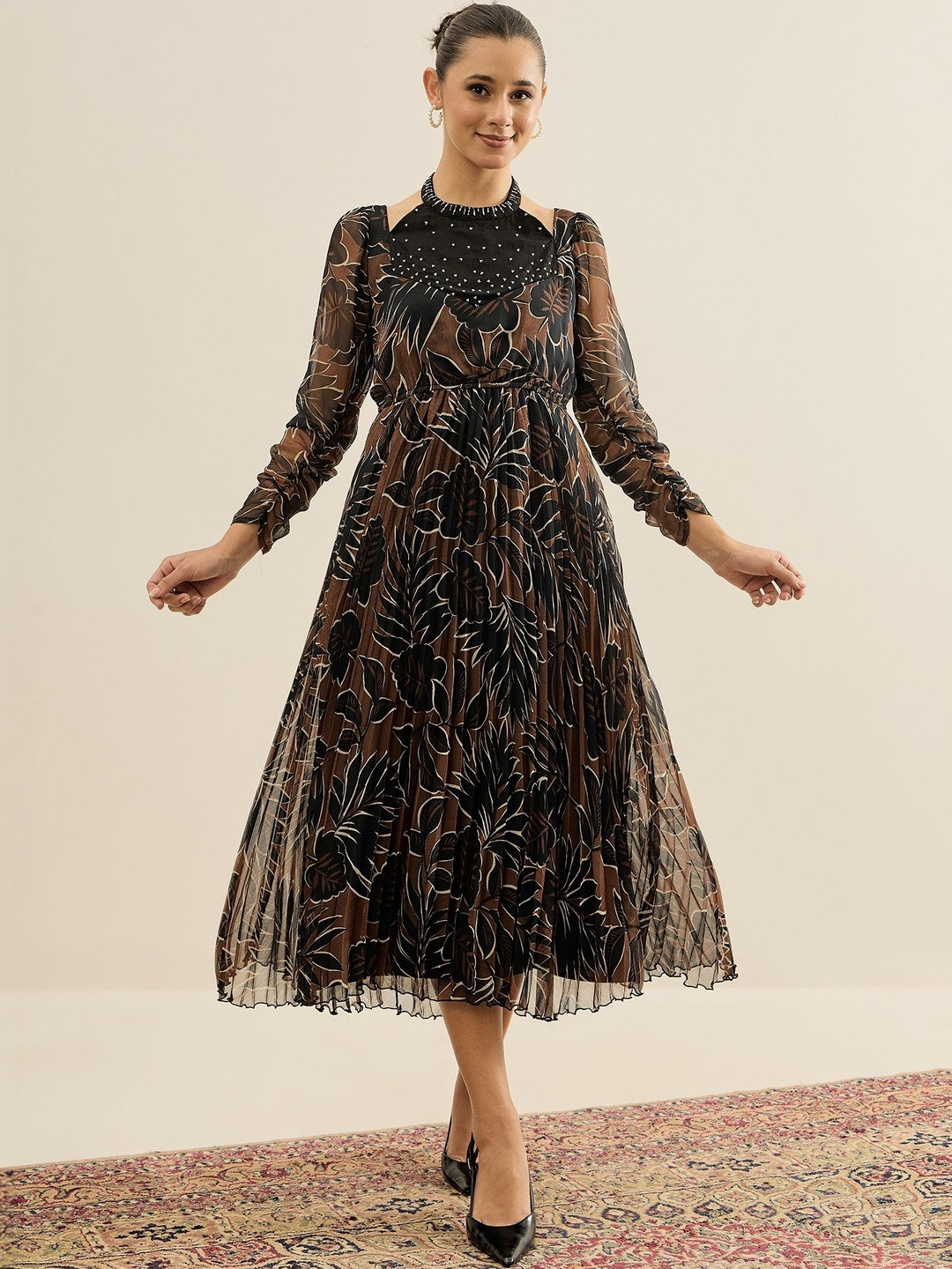 Antheaa Embellished Floral Print Halter Neck Chiffon Fit & Flare Midi Dress