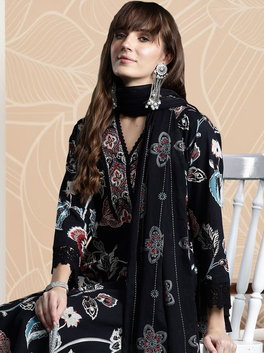 Indo Era Women Floral Printed Regular Pure Cotton Kurta with Trousers & With Dupatta