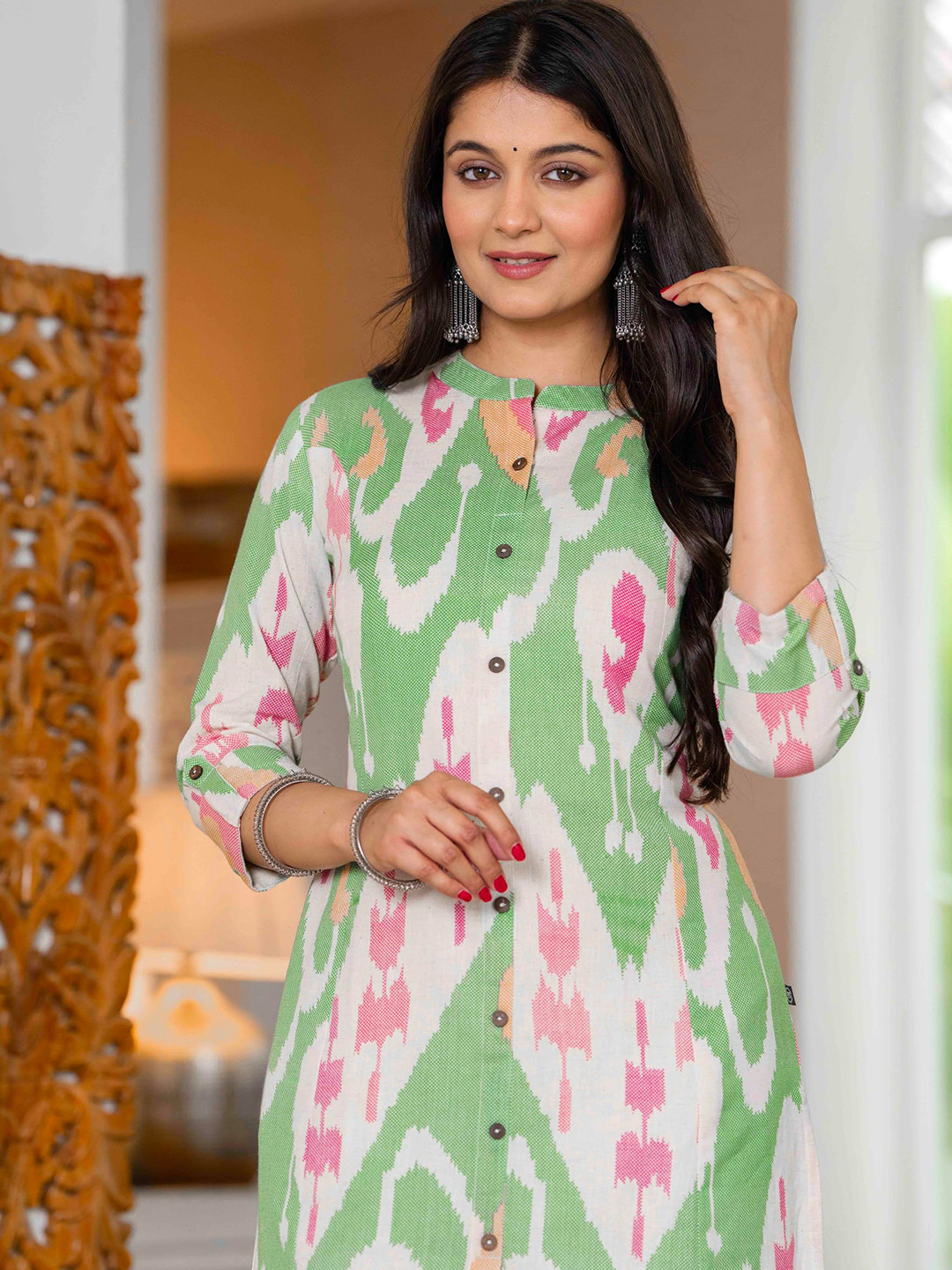 Pistaa Floral Printed Mandarin Collar Pure Cotton A-Line Kurta With Palazzos