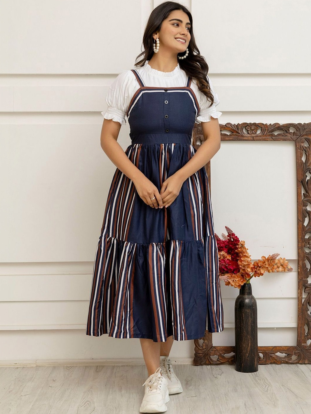 LAZZLY Striped Puff Sleeve Fit & Flare Midi Dress
